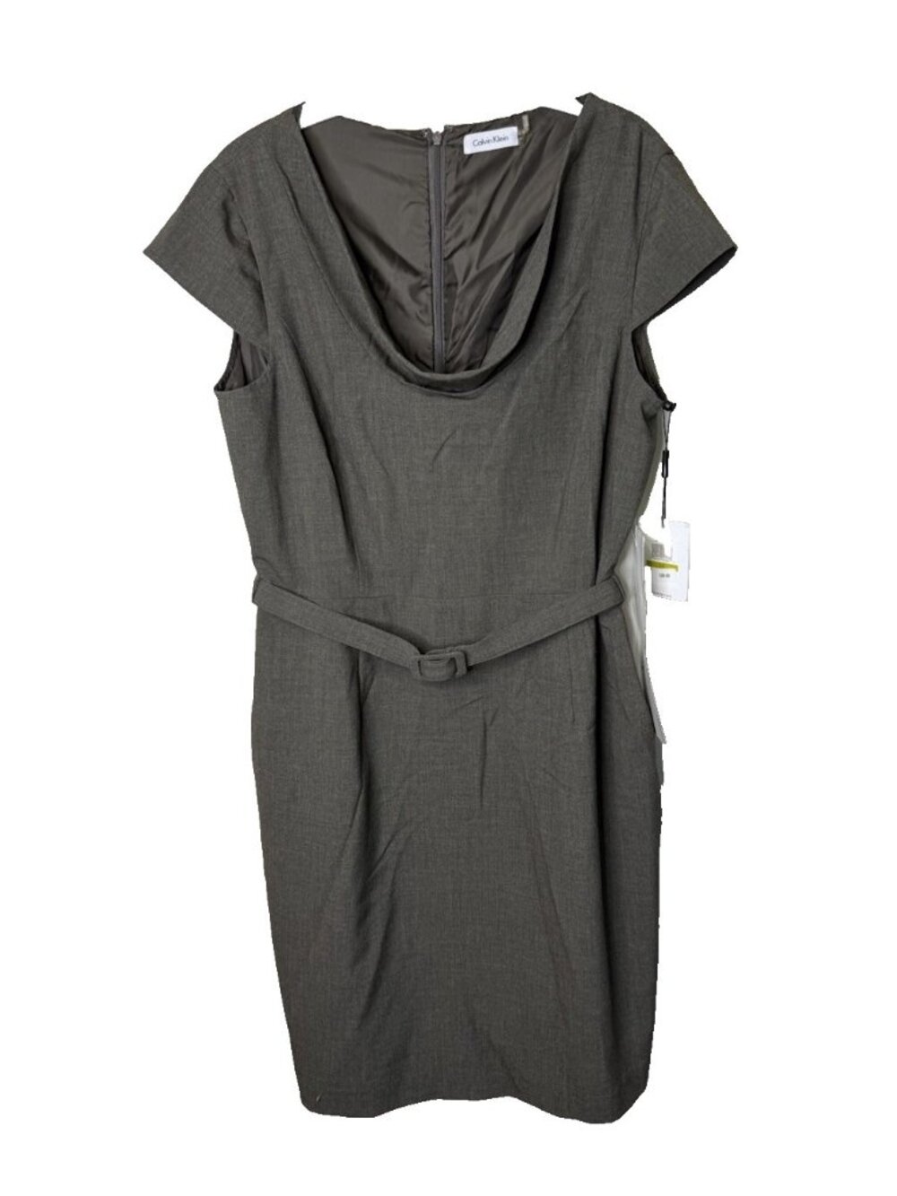 New Calvin Klein Sheath Dress Belt Cowl Neck Career Professional Gray